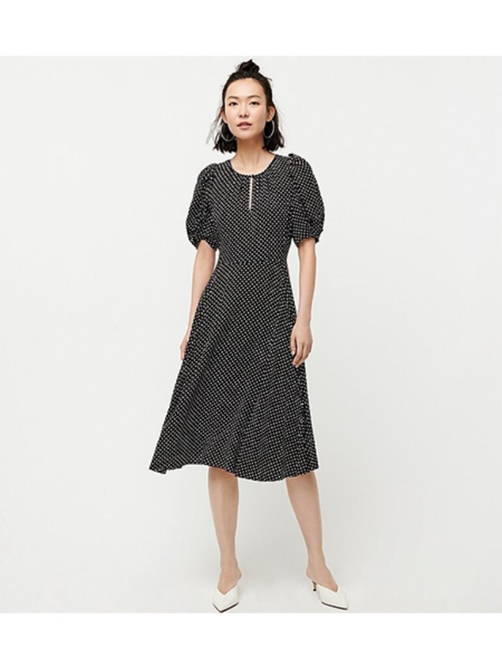 J crew Puff-sleeve A-line midi dress in black and white dot print